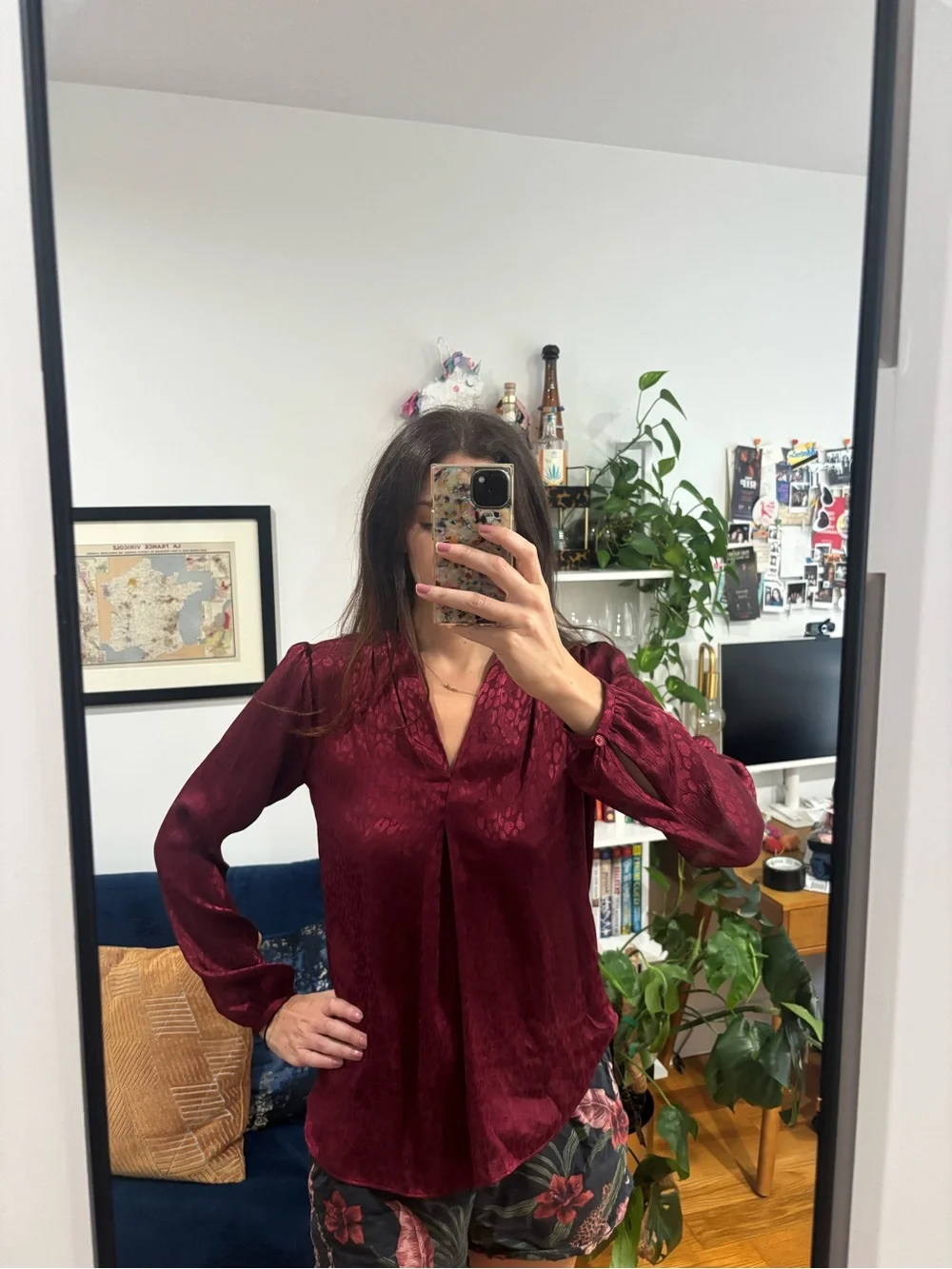 Michael Kors Burgundy V-Neck Long Sleeve Blouse
